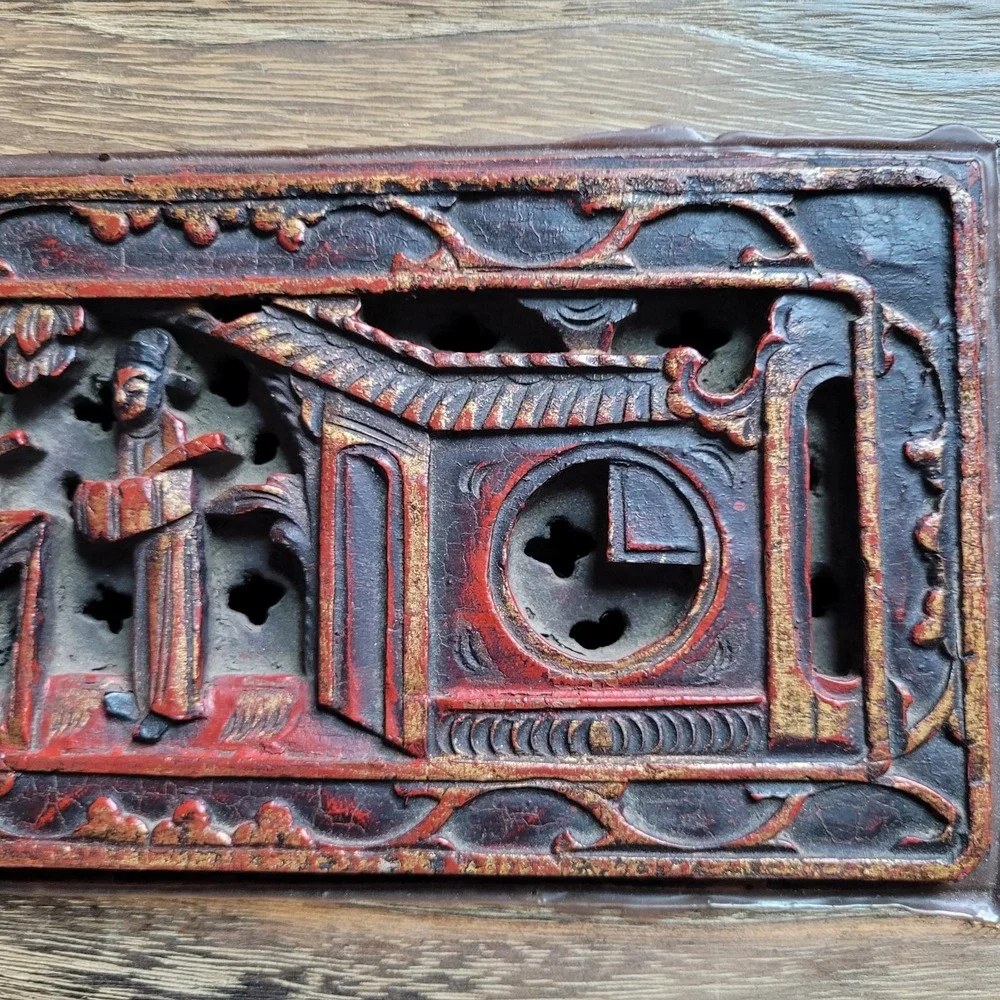 VTG‎ Hand Carved Wood Trinket Box Asian Chinoiserie Relief Scene Jewelry Chest